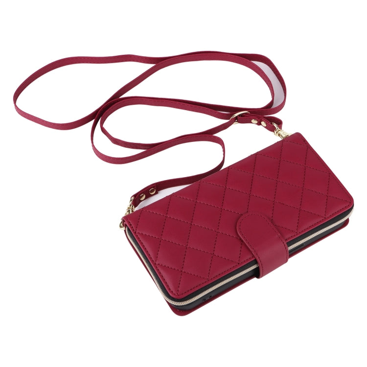 For iPhone 16 Pro Crossbody Rhombic Zipper Tower Buckle Leather Phone Case with Lanyard(Wine Red) - iPhone 16 Pro Cases by PMC Jewellery | Online Shopping South Africa | PMC Jewellery | Buy Now Pay Later Mobicred