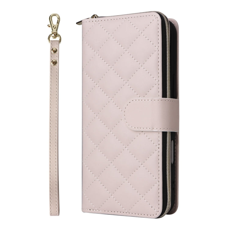 For iPhone 16 Plus Crossbody Rhombic Zipper Tower Buckle Leather Phone Case with Lanyard(Beige) - iPhone 16 Plus Cases by PMC Jewellery | Online Shopping South Africa | PMC Jewellery | Buy Now Pay Later Mobicred