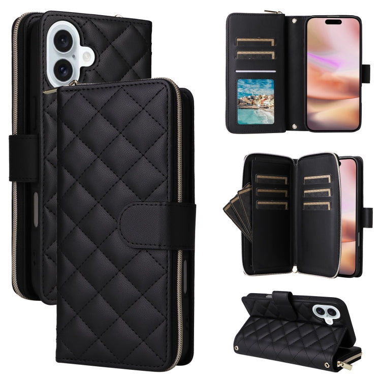 For iPhone 16 Plus Crossbody Rhombic Zipper Tower Buckle Leather Phone Case with Lanyard(Black) - iPhone 16 Plus Cases by PMC Jewellery | Online Shopping South Africa | PMC Jewellery | Buy Now Pay Later Mobicred