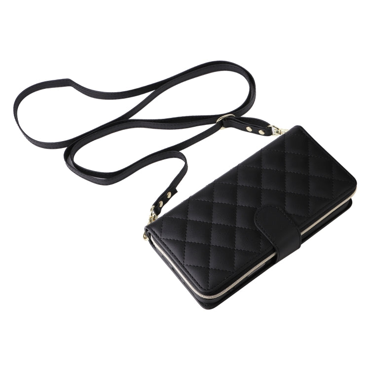 For iPhone 16 Plus Crossbody Rhombic Zipper Tower Buckle Leather Phone Case with Lanyard(Black) - iPhone 16 Plus Cases by PMC Jewellery | Online Shopping South Africa | PMC Jewellery | Buy Now Pay Later Mobicred