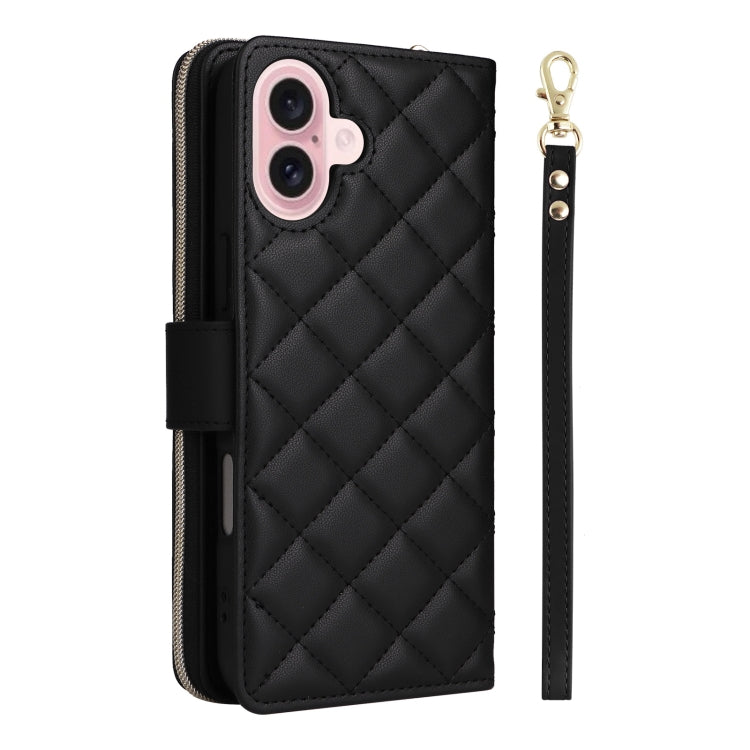 For iPhone 16 Crossbody Rhombic Zipper Tower Buckle Leather Phone Case with Lanyard(Black) - iPhone 16 Cases by PMC Jewellery | Online Shopping South Africa | PMC Jewellery | Buy Now Pay Later Mobicred