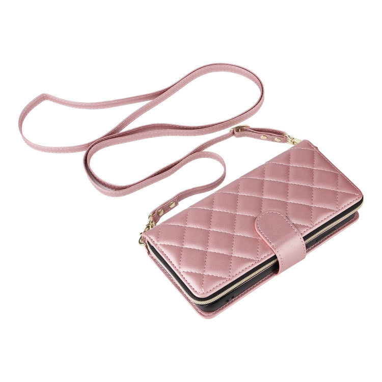 For Samsung Galaxy S25+ 5G Crossbody Rhombic Zipper Tower Buckle Leather Phone Case with Lanyard(Rose Gold) - Galaxy S25+ 5G Cases by PMC Jewellery | Online Shopping South Africa | PMC Jewellery | Buy Now Pay Later Mobicred