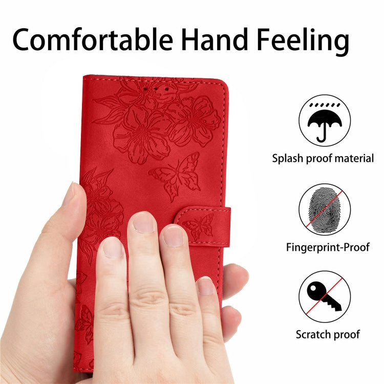 For iPhone 16 Pro Max Cherry Blossom Butterfly Skin Feel Embossed PU Phone Case(Red) - iPhone 16 Pro Max Cases by PMC TechLife | Online Shopping South Africa | PMC TechLife | Buy Now Pay Later Mobicred