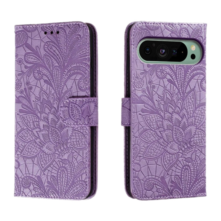 For Google Pixel 9 Lace Flower Embossing Flip Leather Phone Case(Purple) - Google Cases by PMC Jewellery | Online Shopping South Africa | PMC Jewellery | Buy Now Pay Later Mobicred