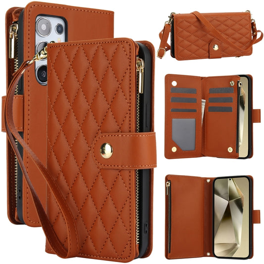 For Samsung Galaxy S24 Ultra 5G YM016 Rhombic Zipper Card Wallet Leather Phone Case with Lanyard(Brown) - Galaxy S24 Ultra 5G Cases by PMC Jewellery | Online Shopping South Africa | PMC Jewellery | Buy Now Pay Later Mobicred