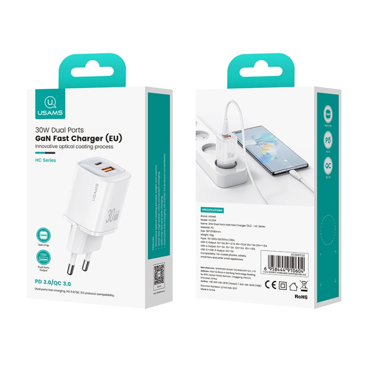 USAMS CC254 30W USB+USB-C / Type-C Dual Port GaN Fast Charger, EU Plug(White) - USB Charger by USAMS | Online Shopping South Africa | PMC Jewellery | Buy Now Pay Later Mobicred