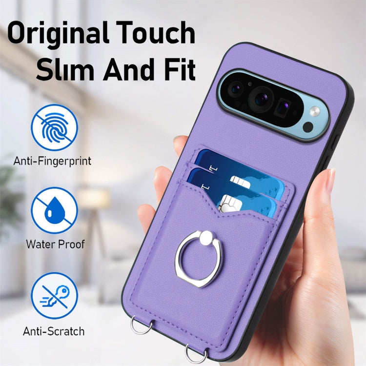 For Google Pixel 9 Pro XL R20 Crossbody Rope Ring Card Holder Phone Case(Purple) - Google Cases by PMC Jewellery | Online Shopping South Africa | PMC Jewellery | Buy Now Pay Later Mobicred