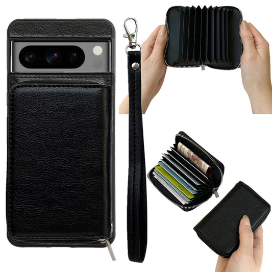 For Google Pixel 9 / 9 Pro Solid Color Zipper 11-Card Slots Bag Phone Case with Lanyard(Black) - Google Cases by PMC Jewellery | Online Shopping South Africa | PMC Jewellery | Buy Now Pay Later Mobicred