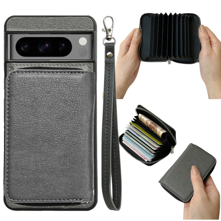 For Google Pixel 9 / 9 Pro Solid Color Zipper 11-Card Slots Bag Phone Case with Lanyard(Grey) - Google Cases by PMC TechLife | Online Shopping South Africa | PMC TechLife | Buy Now Pay Later Mobicred