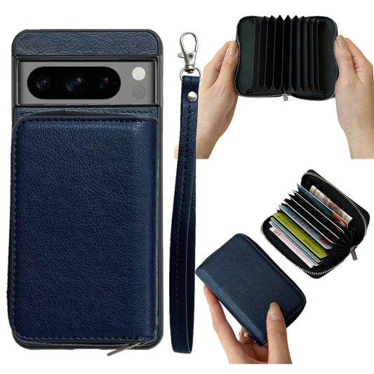 For Google Pixel 8a Solid Color Zipper 11-Card Slots Bag Phone Case with Lanyard(Blue) - Google Cases by PMC Jewellery | Online Shopping South Africa | PMC Jewellery | Buy Now Pay Later Mobicred