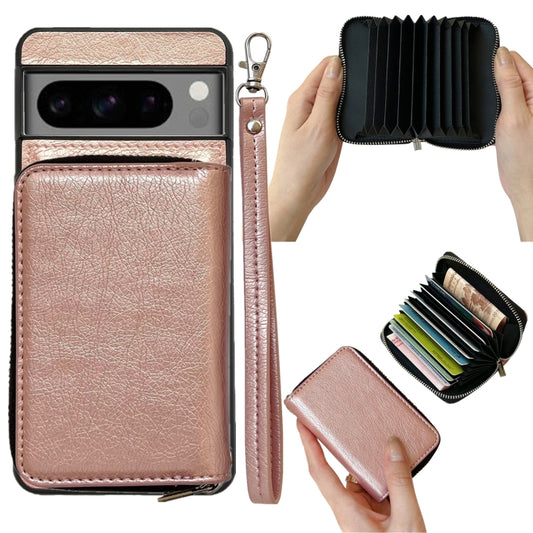 For Google Pixel 8a Solid Color Zipper 11-Card Slots Bag Phone Case with Lanyard(Rose Gold) - Google Cases by PMC Jewellery | Online Shopping South Africa | PMC Jewellery | Buy Now Pay Later Mobicred