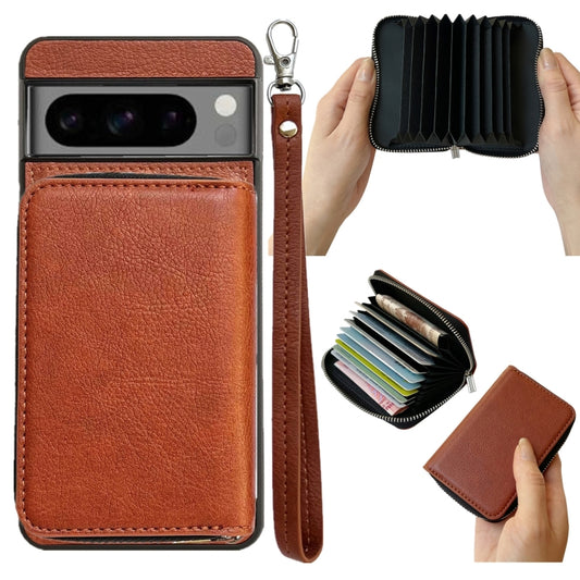 For Google Pixel 8a Solid Color Zipper 11-Card Slots Bag Phone Case with Lanyard(Brown) - Google Cases by PMC Jewellery | Online Shopping South Africa | PMC Jewellery | Buy Now Pay Later Mobicred