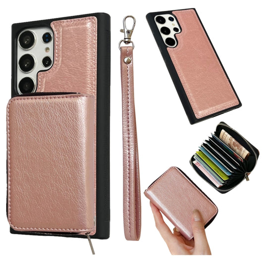 For Samsung Galaxy S24 Ultra 5G Solid Color Zipper 11-Card Slots Bag Phone Case with Lanyard(Rose Gold) - Galaxy S24 Ultra 5G Cases by PMC Jewellery | Online Shopping South Africa | PMC Jewellery | Buy Now Pay Later Mobicred