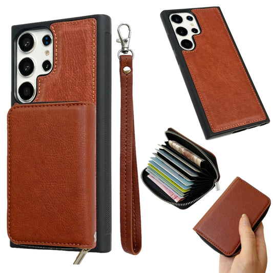 For Samsung Galaxy S24 Ultra 5G Solid Color Zipper 11-Card Slots Bag Phone Case with Lanyard(Brown) - Galaxy S24 Ultra 5G Cases by PMC Jewellery | Online Shopping South Africa | PMC Jewellery | Buy Now Pay Later Mobicred