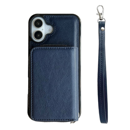 For iPhone 16 Plus Solid Color Zipper 11-Card Slots Bag Phone Case with Lanyard(Blue) - iPhone 16 Plus Cases by PMC Jewellery | Online Shopping South Africa | PMC Jewellery | Buy Now Pay Later Mobicred