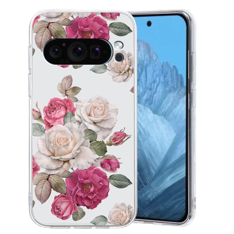 For Google Pixel 9 Colored Drawing Pattern Transparent TPU Phone Case(Peony) - Google Cases by PMC Jewellery | Online Shopping South Africa | PMC Jewellery | Buy Now Pay Later Mobicred