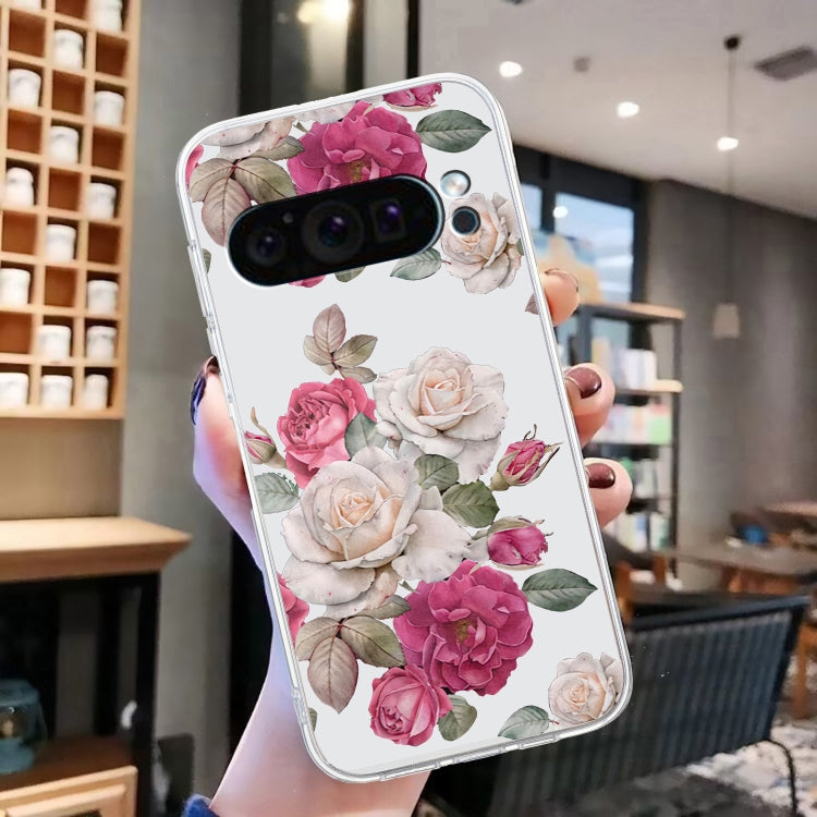 For Google Pixel 9 Colored Drawing Pattern Transparent TPU Phone Case(Peony) - Google Cases by PMC Jewellery | Online Shopping South Africa | PMC Jewellery | Buy Now Pay Later Mobicred