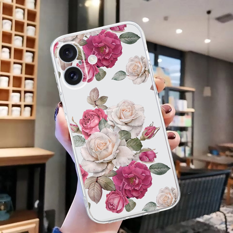 For iPhone 16 Colored Drawing Pattern Transparent TPU Phone Case(Peony) - free shipping - PMC TechLife - Order now!