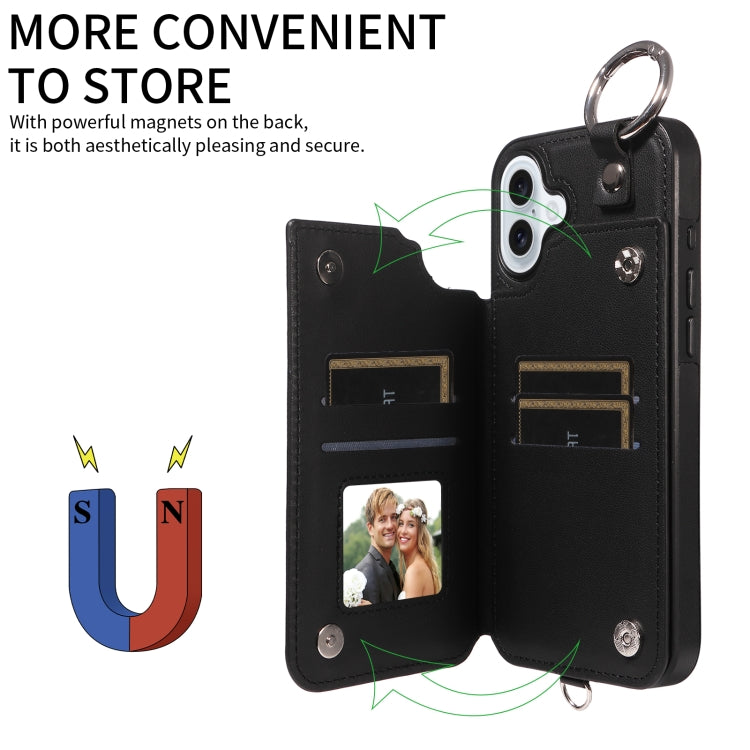 For iPhone 16 Plus Rhombic Texture Card Bag Phone Case with Short Lanyard(Black) - free shipping - PMC Jewellery - Order now!