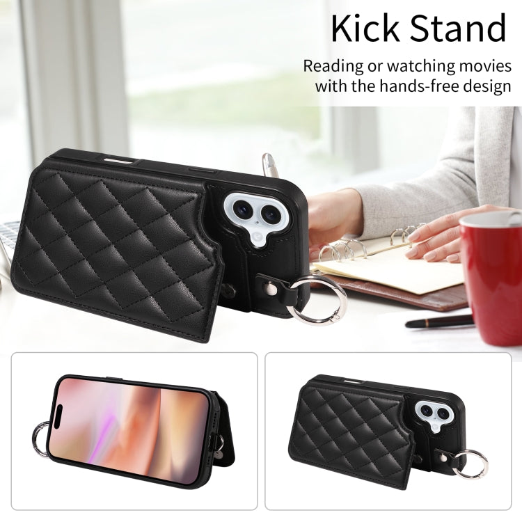 For iPhone 16 Plus Rhombic Texture Card Bag Phone Case with Short Lanyard(Black) - free shipping - PMC Jewellery - Order now!