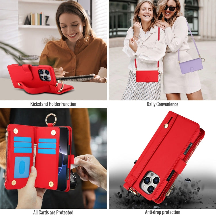 For iPhone 16 Pro Max Crossbody Ring Multifunctional Wallet Leather Phone Case(Red) - iPhone 16 Pro Max Cases by PMC Jewellery | Online Shopping South Africa | PMC Jewellery | Buy Now Pay Later Mobicred