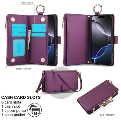 For iPhone 16 Pro Max Crossbody Ring Multifunctional Wallet Leather Phone Case(Dark Purple) - iPhone 16 Pro Max Cases by PMC Jewellery | Online Shopping South Africa | PMC Jewellery | Buy Now Pay Later Mobicred