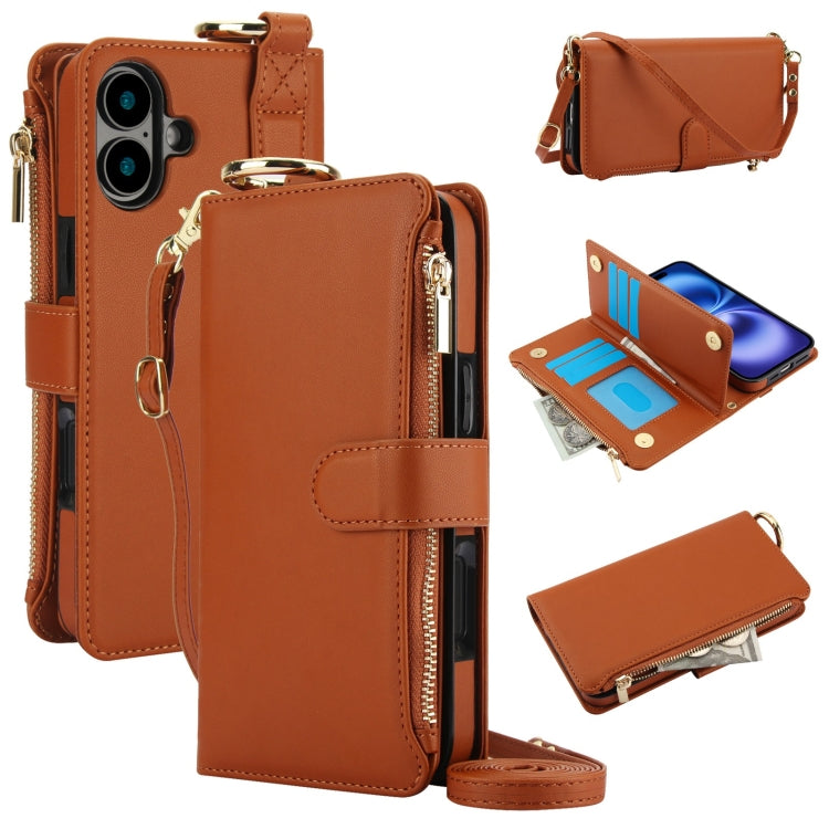 For iPhone 16 Crossbody Ring Multifunctional Wallet Leather Phone Case(Brown) - iPhone 16 Cases by PMC Jewellery | Online Shopping South Africa | PMC Jewellery | Buy Now Pay Later Mobicred