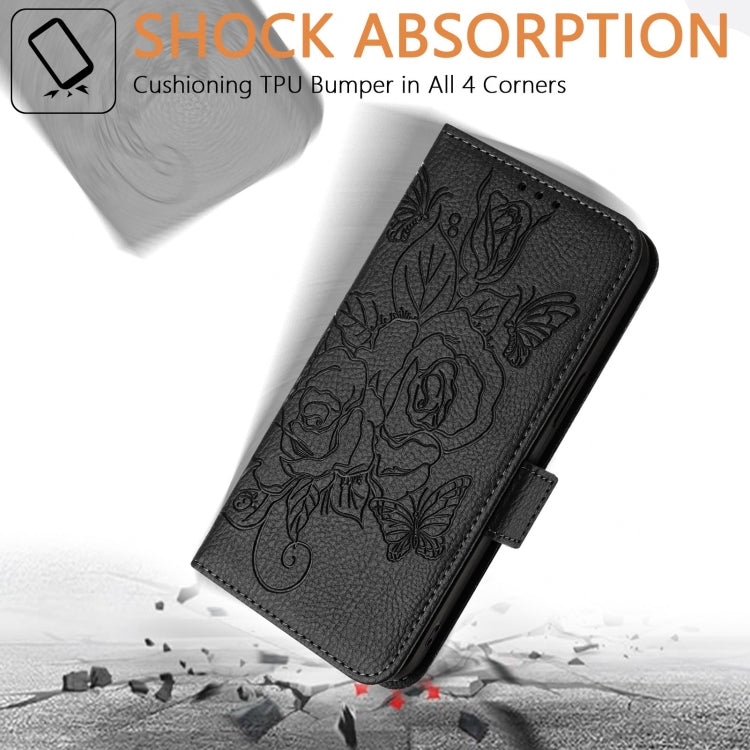 For iPhone 16 Pro Embossed Rose RFID Anti-theft Leather Phone Case(Black) - iPhone 16 Pro Cases by PMC TechLife | Online Shopping South Africa | PMC TechLife | Buy Now Pay Later Mobicred