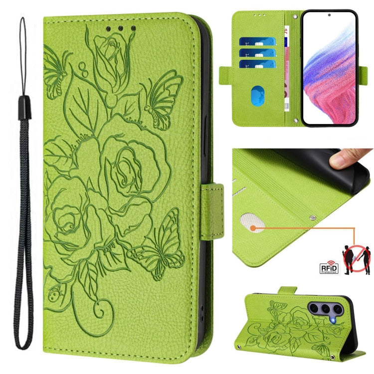 For Samsung Galaxy S25 5G Embossed Rose RFID Anti-theft Leather Phone Case(Green) - Galaxy S25 5G Cases by PMC Jewellery | Online Shopping South Africa | PMC Jewellery | Buy Now Pay Later Mobicred