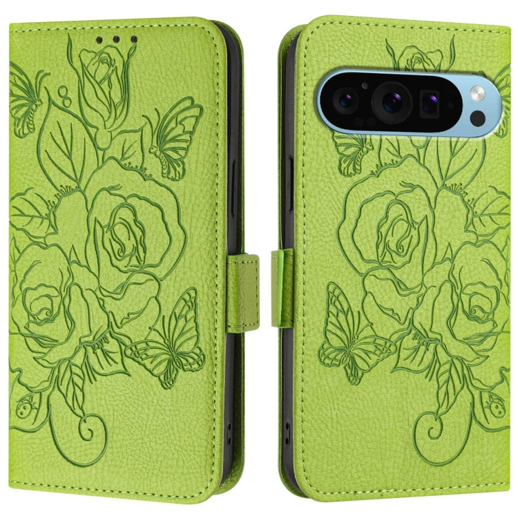 For Google Pixel 9 / 9 Pro Embossed Rose RFID Anti-theft Leather Phone Case(Green) - Google Cases by PMC Jewellery | Online Shopping South Africa | PMC Jewellery | Buy Now Pay Later Mobicred