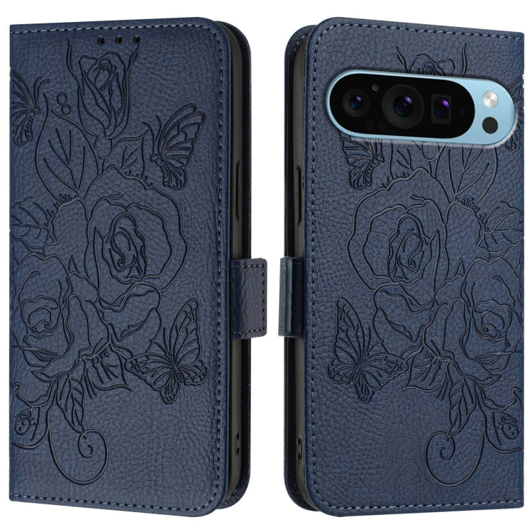 For Google Pixel 9 Pro XL Embossed Rose RFID Anti-theft Leather Phone Case(Dark Blue) - Google Cases by PMC Jewellery | Online Shopping South Africa | PMC Jewellery | Buy Now Pay Later Mobicred