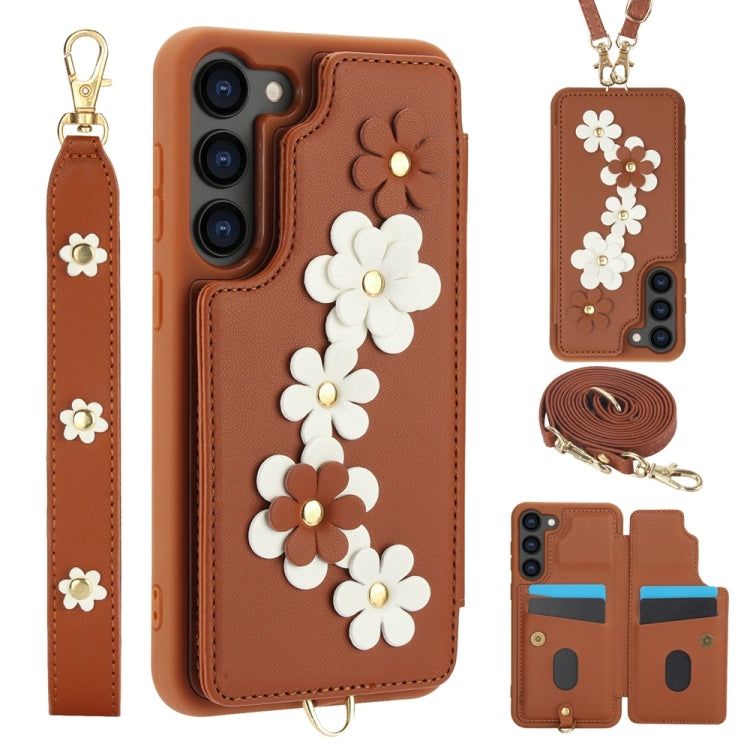 For Samsung Galaxy S25+ 5G Crossbody Flower Pattern Leather Phone Case(Brown) - Galaxy S23+ 5G Cases by PMC Jewellery | Online Shopping South Africa | PMC Jewellery | Buy Now Pay Later Mobicred