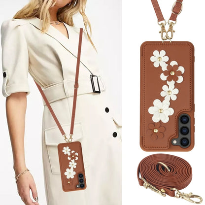 For Samsung Galaxy S25+ 5G Crossbody Flower Pattern Leather Phone Case(Brown) - Galaxy S23+ 5G Cases by PMC Jewellery | Online Shopping South Africa | PMC Jewellery | Buy Now Pay Later Mobicred