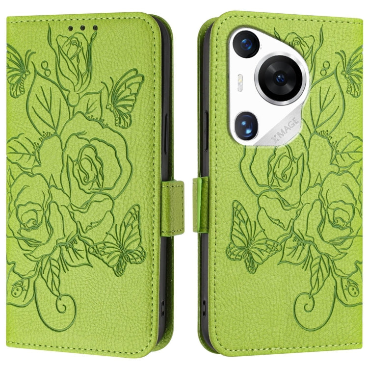 For Huawei Pura 70 Pro Embossed Rose RFID Anti-theft Leather Phone Case(Green) - Huawei Cases by PMC Jewellery | Online Shopping South Africa | PMC Jewellery | Buy Now Pay Later Mobicred