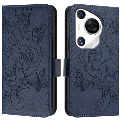 For Huawei Pura 70 Pro Embossed Rose RFID Anti-theft Leather Phone Case(Dark Blue) - Huawei Cases by PMC Jewellery | Online Shopping South Africa | PMC Jewellery | Buy Now Pay Later Mobicred