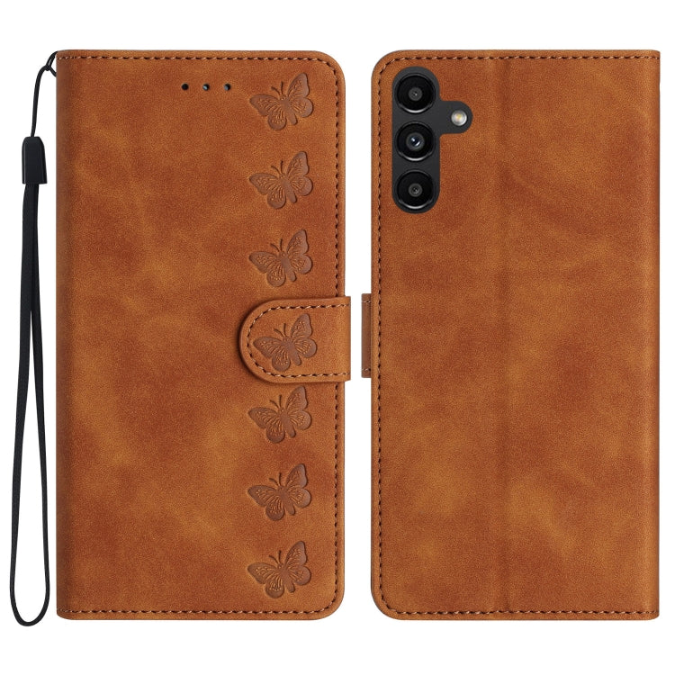 For Samsung Galaxy S25 5G Seven Butterflies Embossed Leather Phone Case(Brown) - Galaxy S25 5G Cases by PMC Jewellery | Online Shopping South Africa | PMC Jewellery | Buy Now Pay Later Mobicred