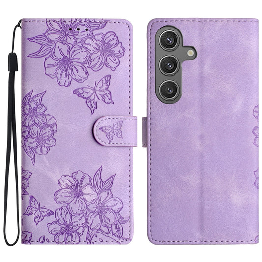 For Samsung Galaxy S25+ 5G Cherry Blossom Butterfly Skin Feel Embossed PU Phone Case(Purple) - Galaxy S25+ 5G Cases by PMC Jewellery | Online Shopping South Africa | PMC Jewellery | Buy Now Pay Later Mobicred