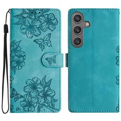 For Samsung Galaxy S25+ 5G Cherry Blossom Butterfly Skin Feel Embossed PU Phone Case(Green) - Galaxy S25+ 5G Cases by PMC Jewellery | Online Shopping South Africa | PMC Jewellery | Buy Now Pay Later Mobicred