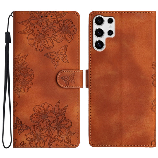 For Samsung Galaxy S25 Ultra 5G Cherry Blossom Butterfly Skin Feel Embossed PU Phone Case(Brown) - Galaxy S25 Ultra 5G Cases by PMC Jewellery | Online Shopping South Africa | PMC Jewellery | Buy Now Pay Later Mobicred