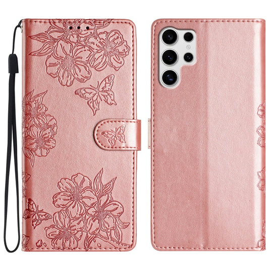 For Samsung Galaxy S25 Ultra 5G Cherry Blossom Butterfly Skin Feel Embossed PU Phone Case(Rose Gold) - Galaxy S25 Ultra 5G Cases by PMC Jewellery | Online Shopping South Africa | PMC Jewellery | Buy Now Pay Later Mobicred