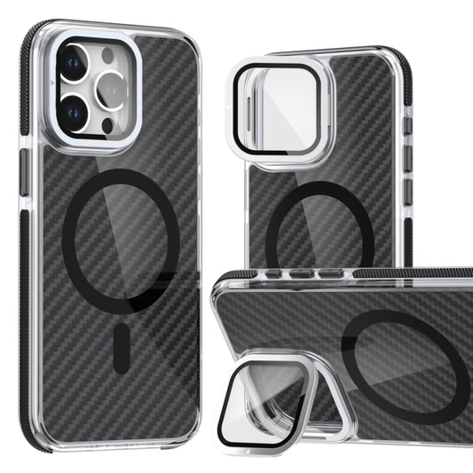 For iPhone 16 Pro Magsafe Dual-Color Carbon Fiber Lens Film Phone Case with Lens Fold Holder(Black) - iPhone 16 Pro Cases by PMC Jewellery | Online Shopping South Africa | PMC Jewellery | Buy Now Pay Later Mobicred