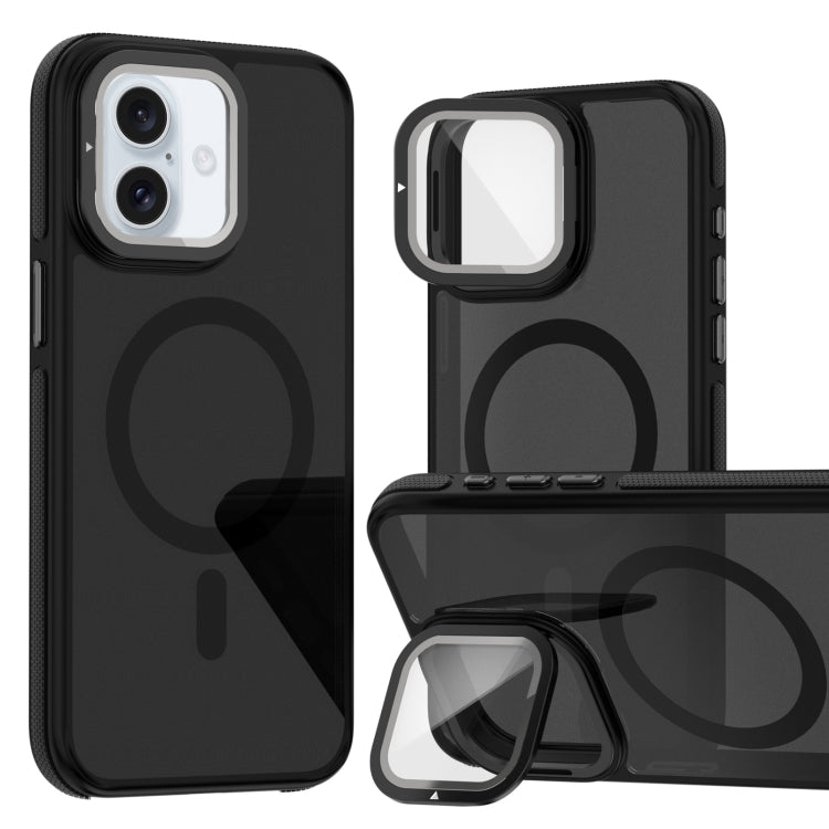 For iPhone 16 Magsafe Dual-Color Skin Feel Lens Film Phone Case with Lens Fold Holder(Black) - iPhone 16 Cases by PMC Jewellery | Online Shopping South Africa | PMC Jewellery | Buy Now Pay Later Mobicred