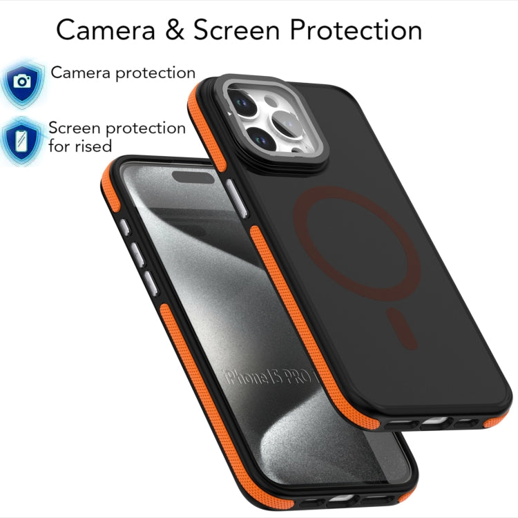 For iPhone 16 Magsafe Dual-Color Skin Feel Lens Film Phone Case with Lens Fold Holder(Orange) - iPhone 16 Cases by PMC Jewellery | Online Shopping South Africa | PMC Jewellery | Buy Now Pay Later Mobicred