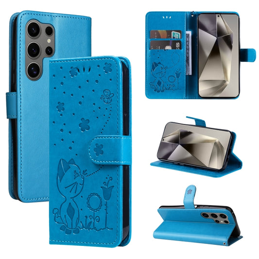 For Samsung Galaxy S25 Ultra 5G Cat and Bee Embossed Flip Leather Phone Case(Blue) - Galaxy S25 Ultra 5G Cases by PMC Jewellery | Online Shopping South Africa | PMC Jewellery | Buy Now Pay Later Mobicred