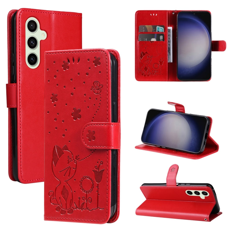 For Samsung Galaxy S25+ / S24+ 5G Cat and Bee Embossed Flip Leather Phone Case(Red) - Galaxy S25+ 5G Cases by PMC Jewellery | Online Shopping South Africa | PMC Jewellery | Buy Now Pay Later Mobicred