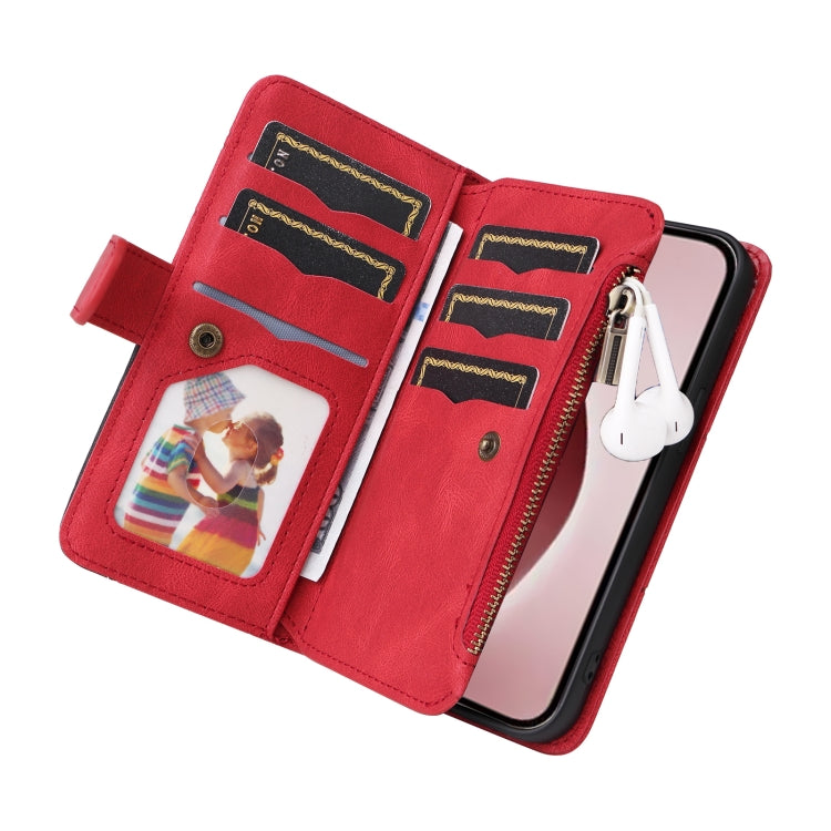 For iPhone 16 Pro Dual-color 9 Card Slots Zipper Wallet Leather Phone Case(Red) - iPhone 16 Pro Cases by PMC Jewellery | Online Shopping South Africa | PMC Jewellery | Buy Now Pay Later Mobicred