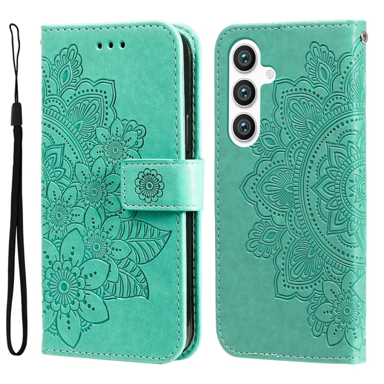 For Samsung Galaxy S25 5G Seven-petal Flowers Embossing Leather Phone Case(Green) - Galaxy S25 5G Cases by PMC Jewellery | Online Shopping South Africa | PMC Jewellery | Buy Now Pay Later Mobicred