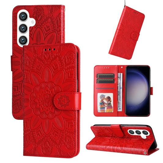 For Samsung Galaxy S25 5G Embossed Sunflower Leather Phone Case(Red) - Galaxy S25 5G Cases by PMC Jewellery | Online Shopping South Africa | PMC Jewellery | Buy Now Pay Later Mobicred