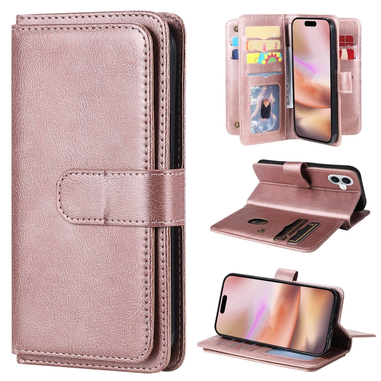 For iPhone 16 Plus Multi-Function Wallet 10 Card Slots Leather Phone Case(Rose Gold) - iPhone 16 Plus Cases by PMC TechLife | Online Shopping South Africa | PMC TechLife | Buy Now Pay Later Mobicred