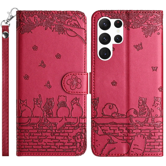 For Samsung Galaxy S25 Ultra 5G Cat Embossing Pattern Leather Phone Case with Lanyard(Red) - Galaxy S25 Ultra 5G Cases by PMC Jewellery | Online Shopping South Africa | PMC Jewellery | Buy Now Pay Later Mobicred